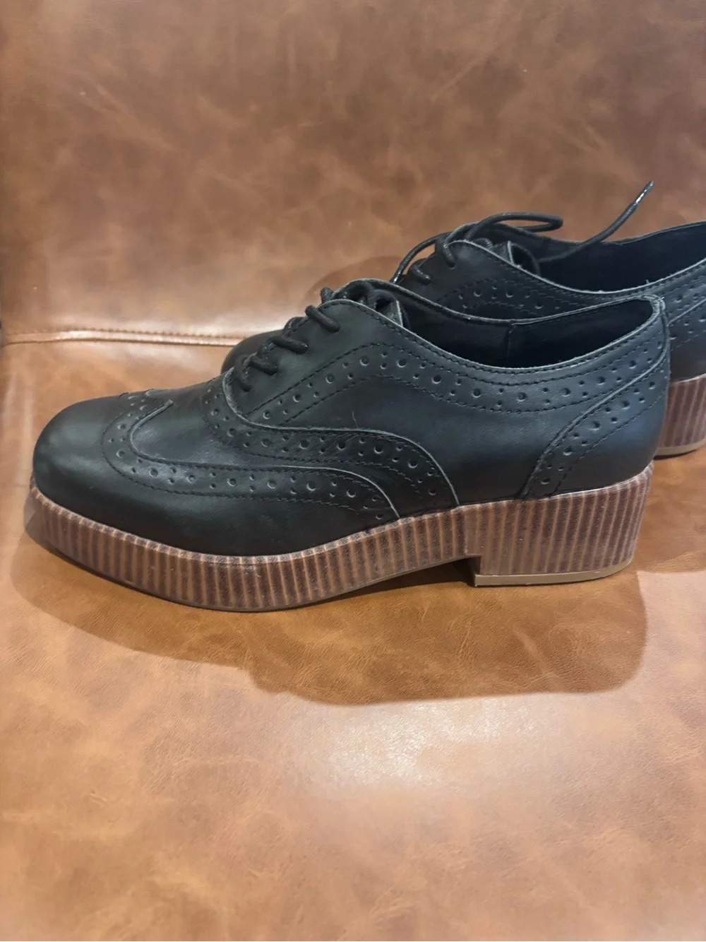 Kelsi Dagger Black Leather Brogue Platform Oxfords with Wood-Effect Sole
